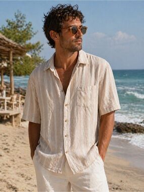 Panama Jack Linen Hawaiian Shirt XL |  white Stripe | Coastal Mediterranean